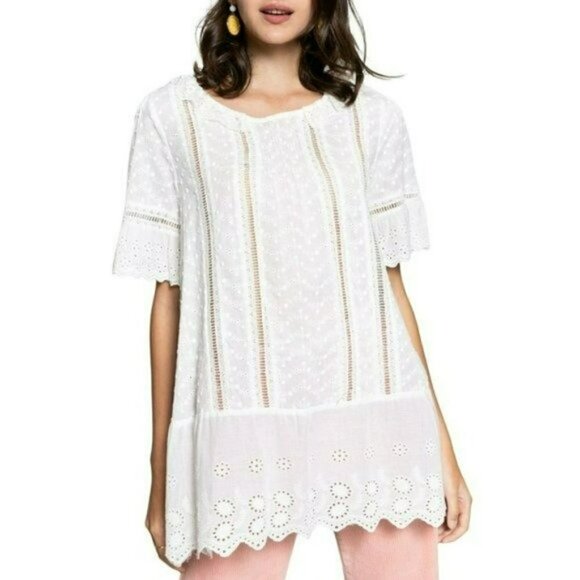 NWT POL Boho Eyelet Embroidered Lace Ruffle Trim Blouse Tunic Top - Picture 2 of 6